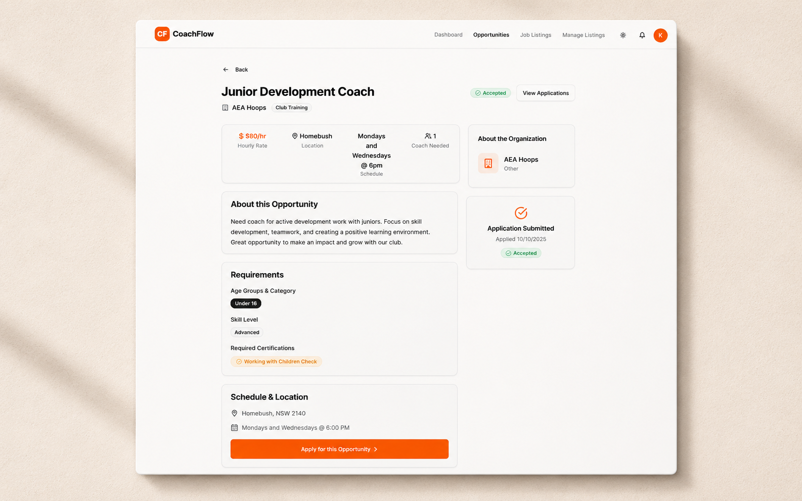 CoachFlow — Marketplace. Every basketball coaching opportunity. One platform. Secondary interface view.