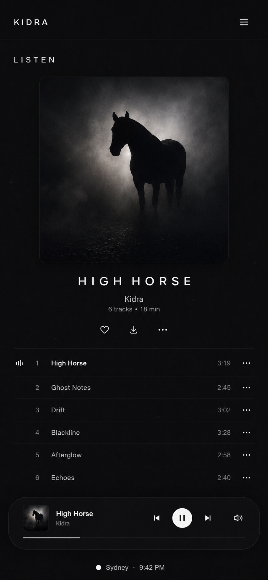 Kidra — Artist Identity. Sound. Vision. Universe. Primary interface view.