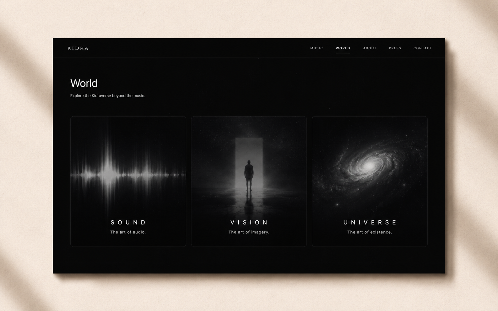 Kidra — Artist Identity. Sound. Vision. Universe. Secondary interface view.