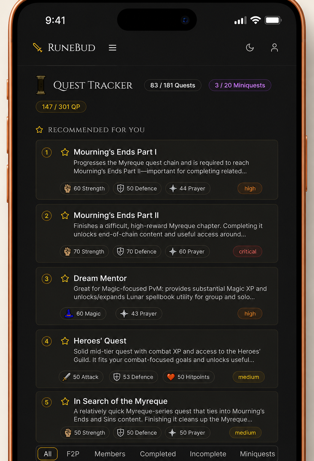 RuneBud — Gaming Web App. Your OSRS companion. Primary interface view.